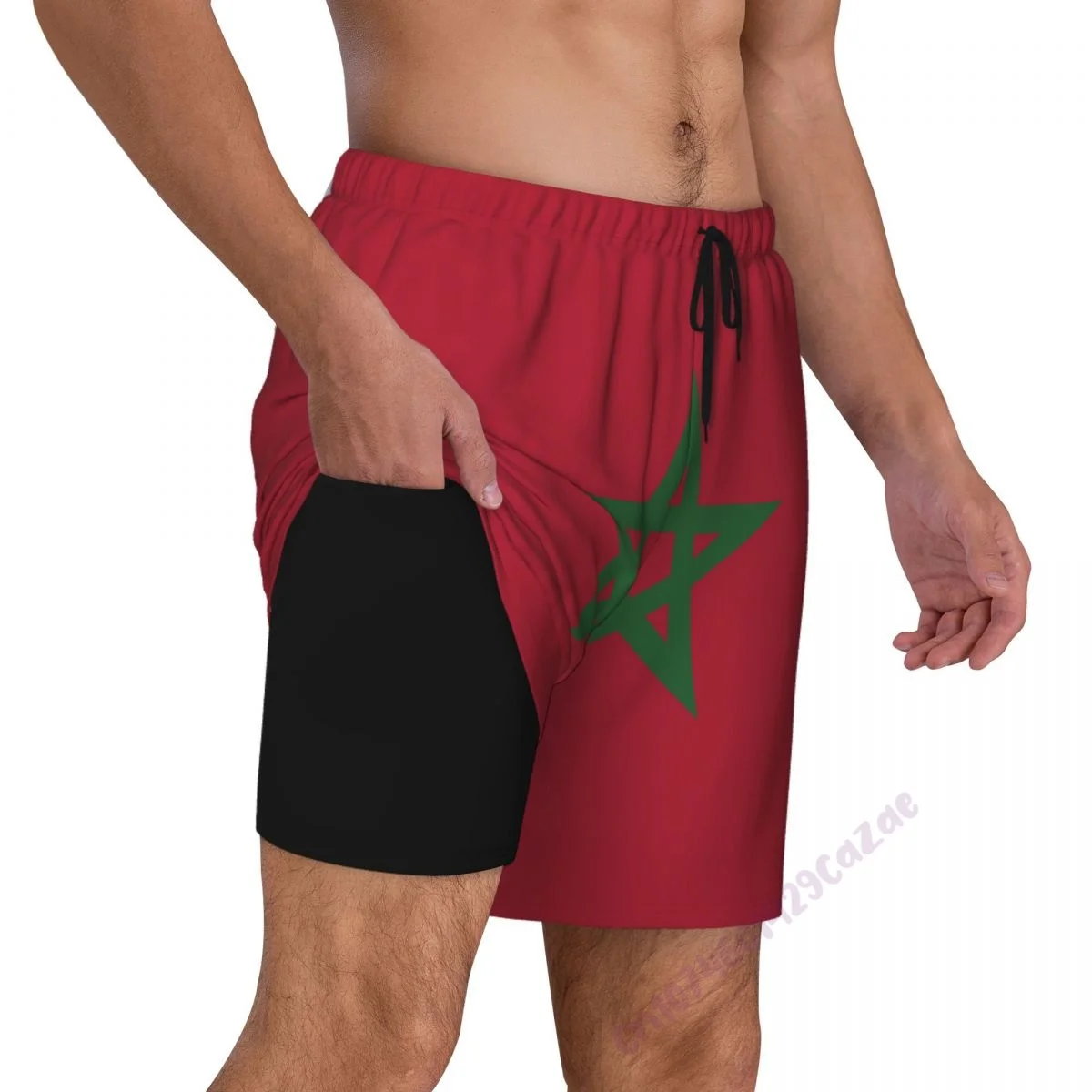 

Мужские плавки 2 в 1, быстросохнущие летние шорты для плавания с подкладкой из марокканского флага и 3D принтом, с карманами