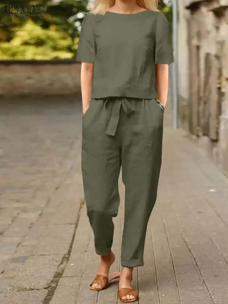 

Vintage Sets Women Summer Solid Matching Sets ZANZEA Wide Leg Pockets Pant Fashion Holiday Half Sleeve O-Neck Oversize Blouse