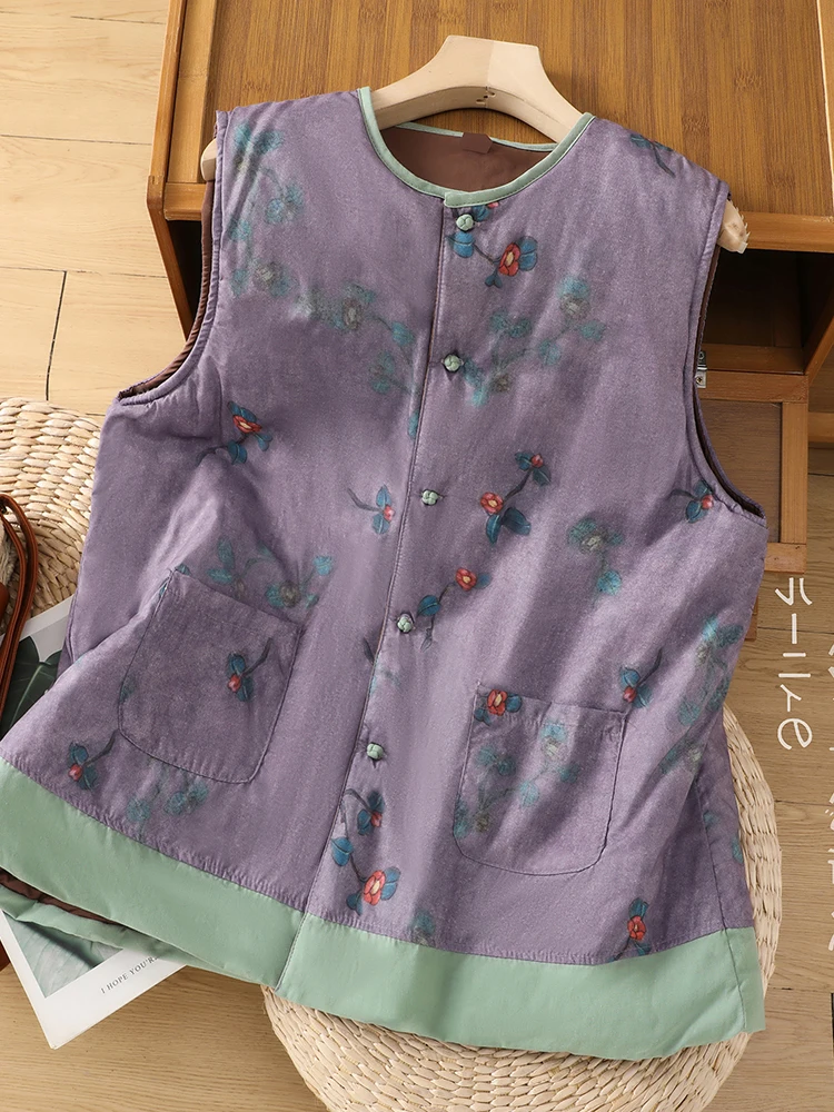 New Chinese Sle Buckle Quilted Vest Women 2024 Winter Retro National Zen Print Waistcoat Cotton-padded jacket Top