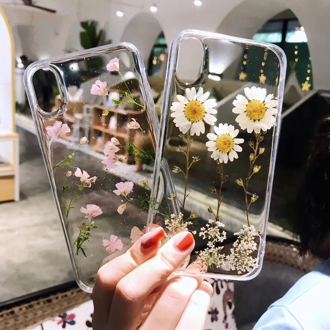 

Real Dried Flowers Glitter Phone Case for IPhone13 14 Pro Max Case 7 Plus X XR 12 11 Case Epoxy Daisy Transparent Soft TPU Cover