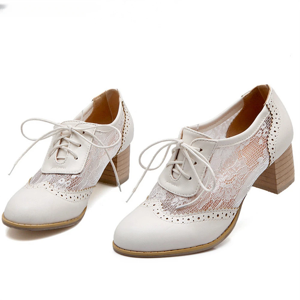 

2023 New Women Lace Mesh Breathable Pumps Shallow Brogue Shoes Ladies Vintage Oxford Shoes Lace-Up Chunky High Heels Female34-43