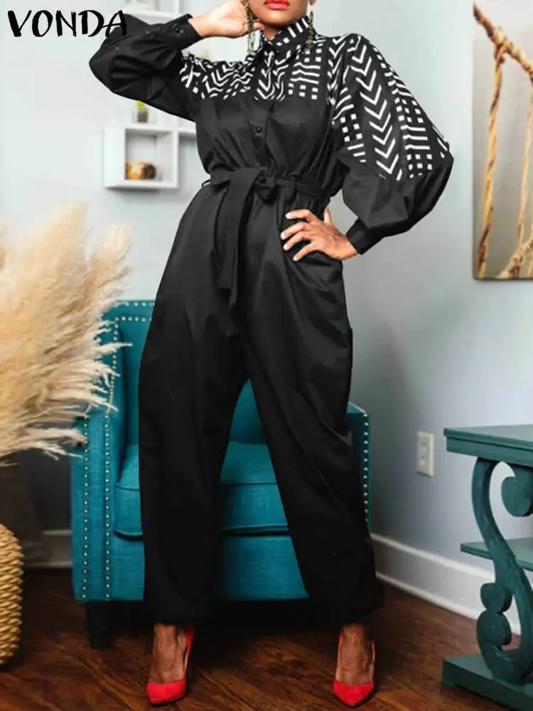 

Женские офисные комбинезоны 2023 VONDA, осенние элегантные комбинезоны, модные повседневные Комбинезоны, пикантные широкие брюки с длинным рукавом-фонариком, мешковатые