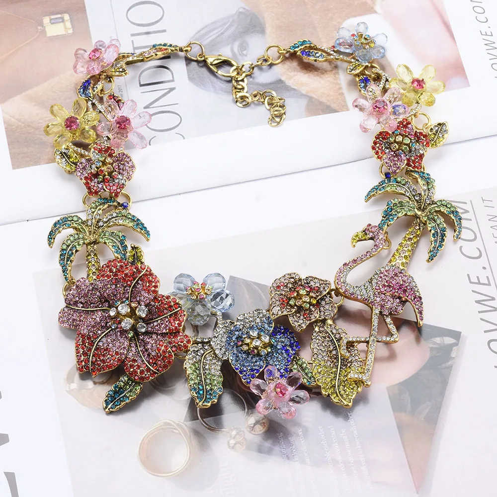 

Autumn/Winter Women Turkey Bohemian Flamingo Necklace Vintage Colorful Crystal Flower Jewelry Custome Choker Statement Necklaces