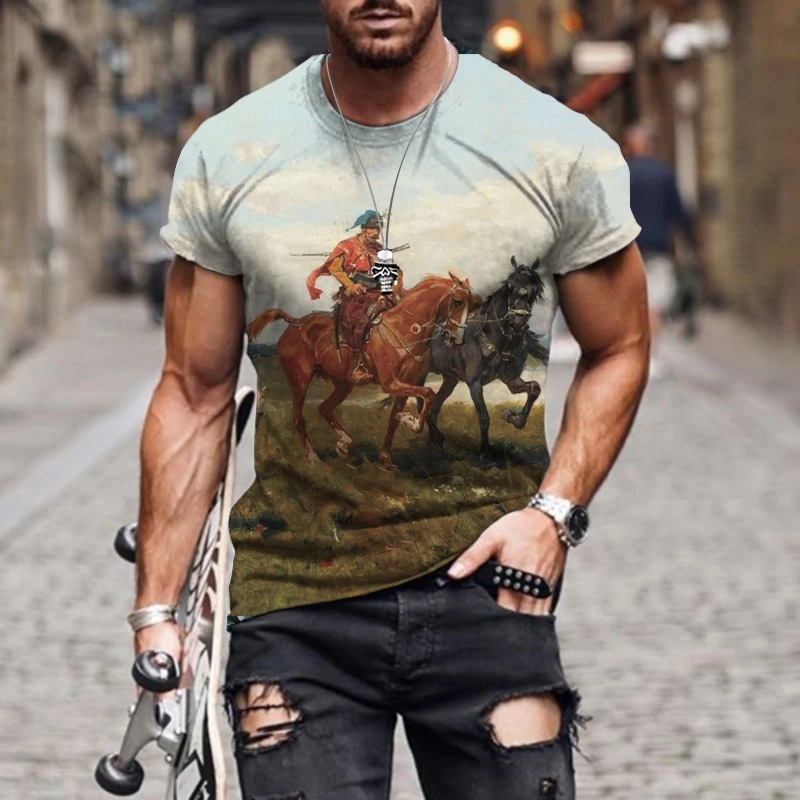 

2022 Summer New 3d Printed Retro Style Homme T Shirt Oversized Fashion Comfort Men's Top Horseback Riding Pattern Short Sleeve