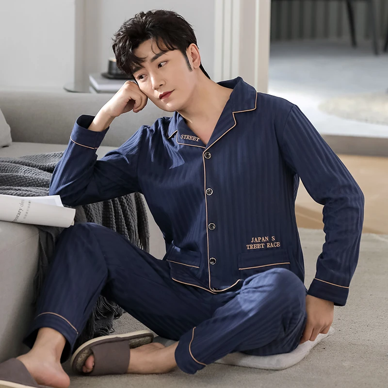 

New Spring Autumn Cotton Solid Color Men's Pyjamas Striped Pajamas Set Casual Male Sleepwear Pyjama Night Pijamas 4XL Homewear
