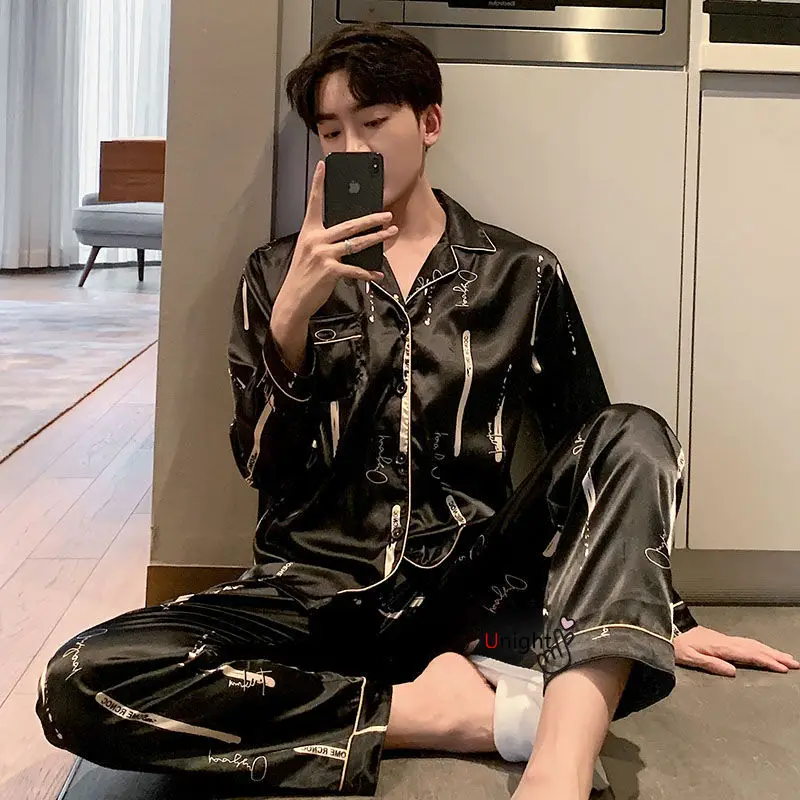 

2022 New Style Pajamas Men's Ice Silk Long Sleeved Cardigan Lapel Simulation Silk Plus Fat Plus Size Home Clothes Set