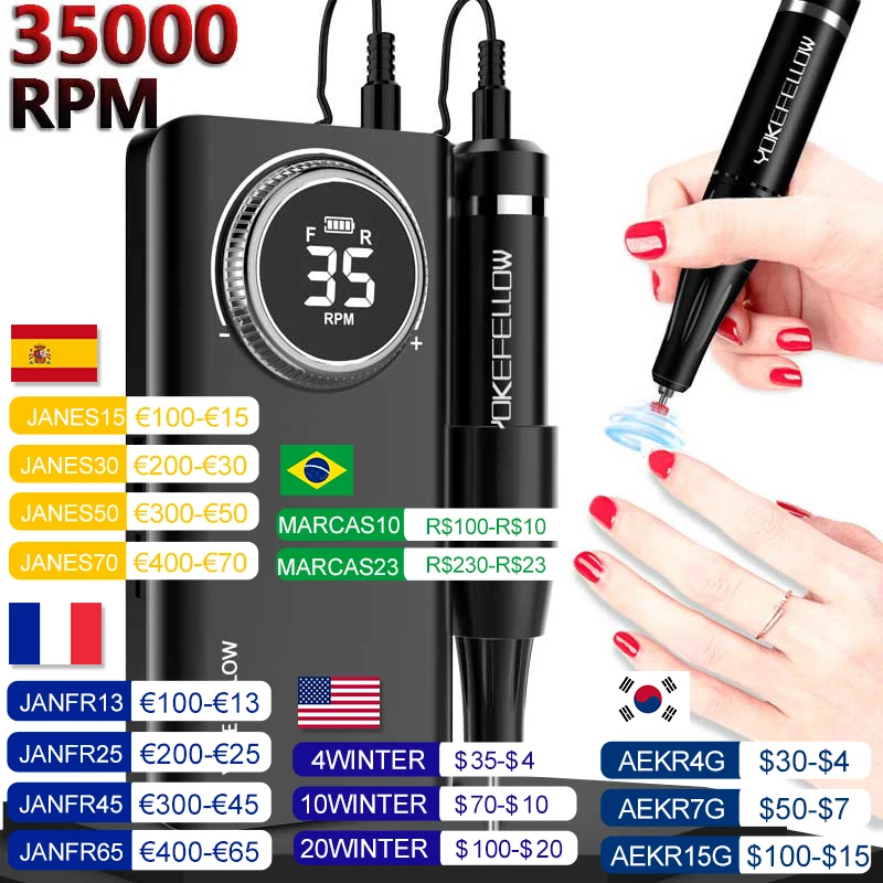 35000RPM Nail Drill Machine With HD LCD Display Rechargeable