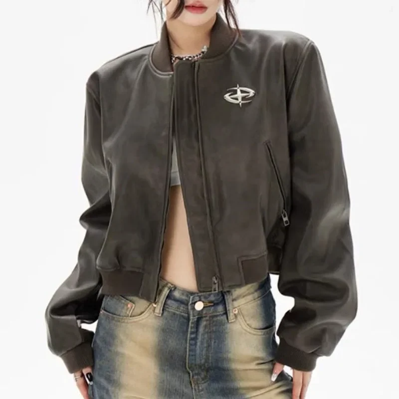 

Deeptown Vintage Cropped Leather Rider Jacket Women Bomber Moto Biker Zipper Jackets Grunge Y2k Fashion Streetwear Autumn Winter