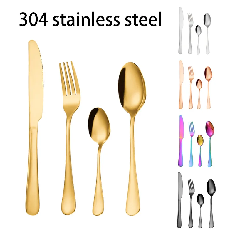 

4pcs 304 Stainless Steel Dinnerware Dinner Knife Fork Spoon Cake Fork Ice Tableware Spoon Mirror Tableware Set Kitchen NEW