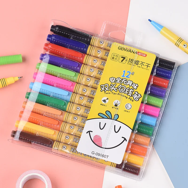 

12 ColorsSmall Double Headed Line Drawing Pen Water-based Pen Children's Marking Pen Student Painting Brush Set Color Pen