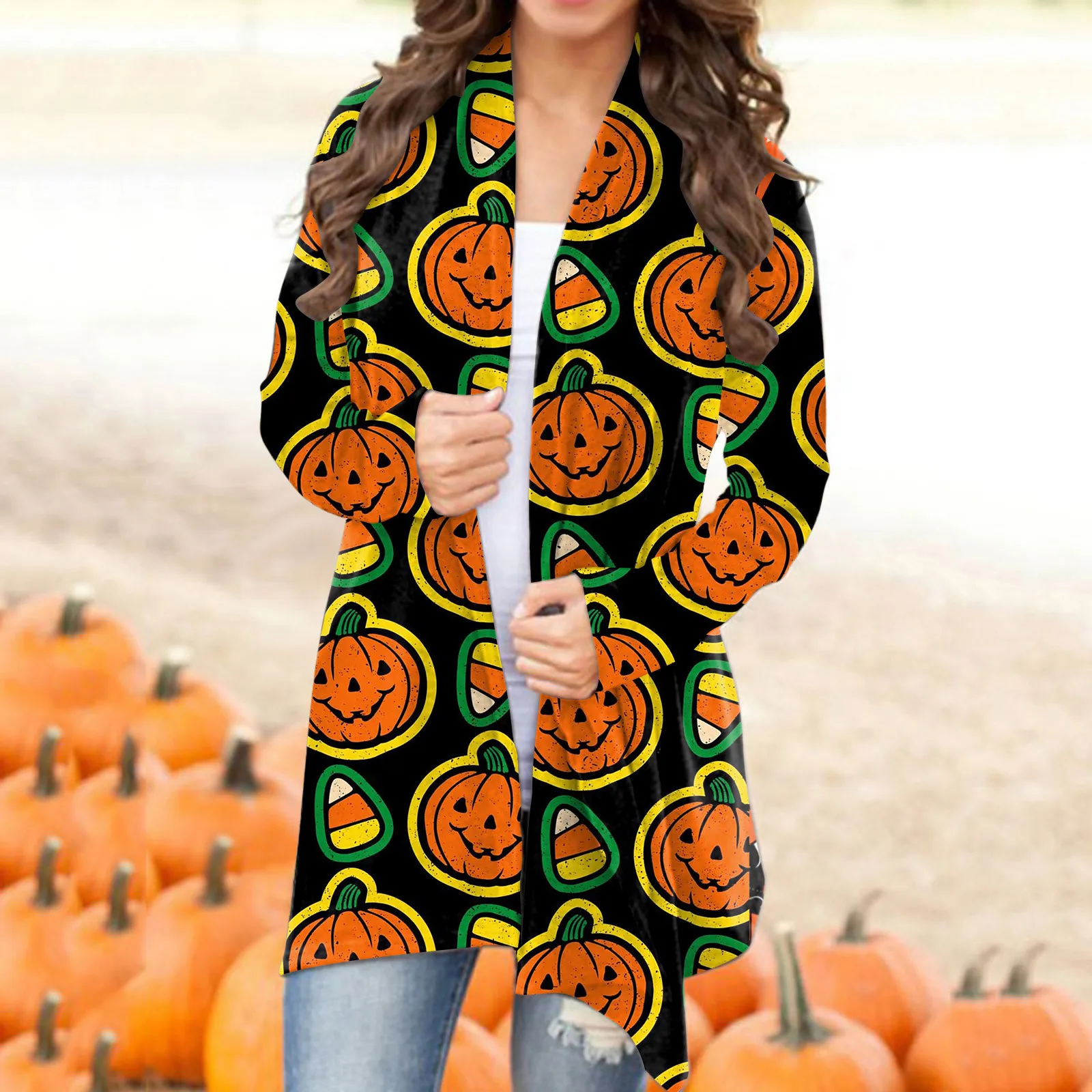 

Womens Halloween Cardigan Pumpkin Cat Print Long Sleeve Open Front Sweater Coat Top Women Cardigan Sweaters