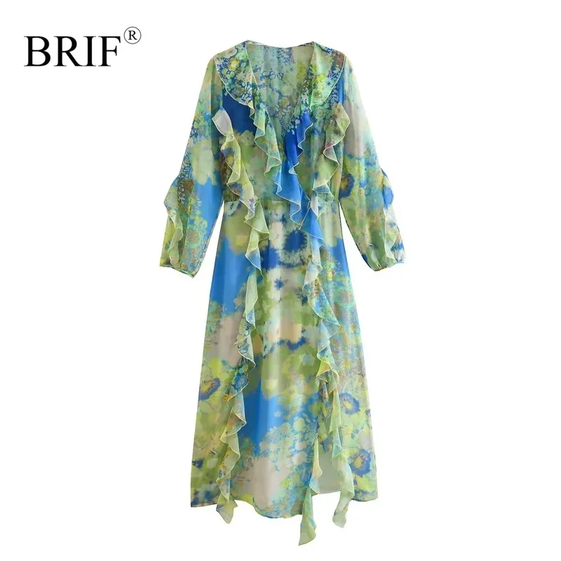 

BRIF Women Fashion Green Printed Ruffled Midi Dress 2023 Summer V-Neck Long Sleeves Contrast Lining at Hem Invisible Zip