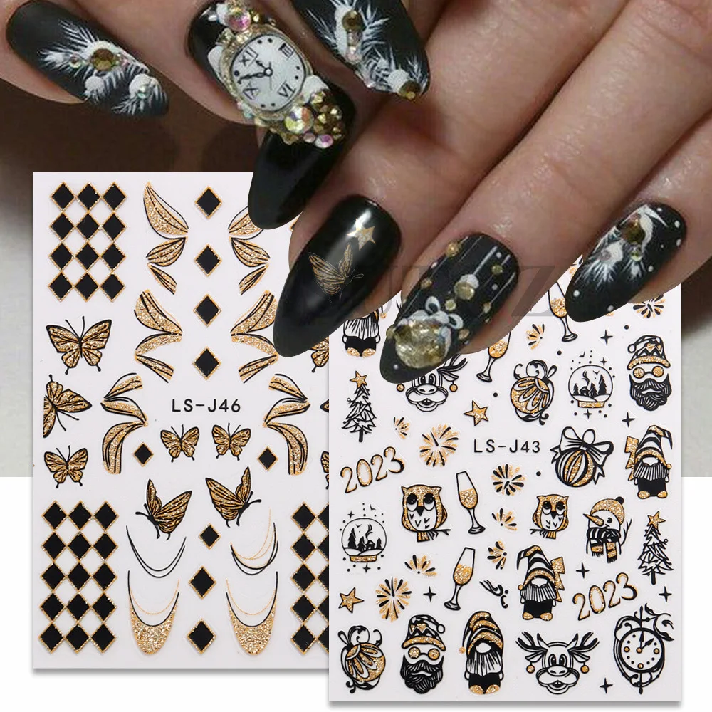 New Year Nail Stickers 2023 Countdown Clock Design Champagne Baubles Shiny Glitter Sliders For Nails Penguin Cat Decals