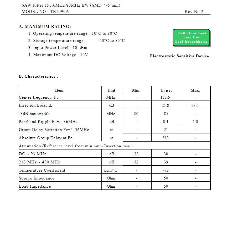 5 шт. TB1190A код 1190 новый оригинальный пильный фильтр 70 МГц 13 84 BW
