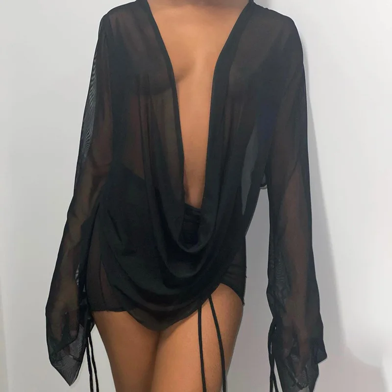 

Women 2Pcs Solid Color Outfits See-Through Long Sleeve Backless Deep V-Neck Tops + Elastic Waist Ruched Skirt