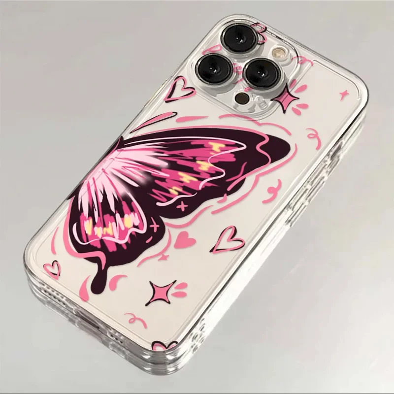 Прозрачный чехол для телефона с рисунком розовой бабочки iPhone 15 14 12 11 13 16 Pro Max Mini X XR