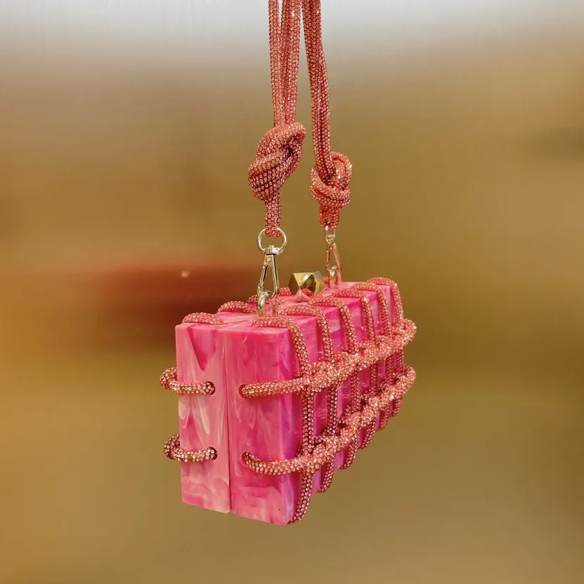 Woven Diamonds Box Bag Acrylic Purses and Handbags Buckle Evening Bags for Women Knot Chains Shoulder Bag Ladies Wedding Clutch