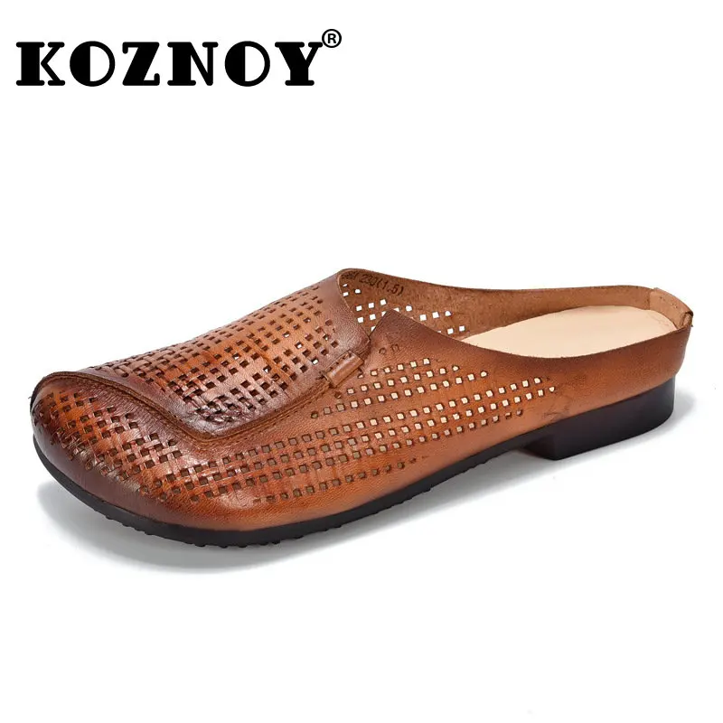 

Koznoy 2cm Retro Women Flats Hollow Cow Genuine Leather Slip on Summer Slippers Comfy Moccasins Ladies Rubber Breathable Shoes