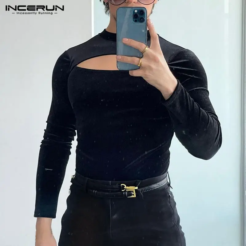 

INCERUN Men T Shirt Velour Solid Hollow Out Backless O-neck Long Sleeve Sexy Tee Tops Streetwear 2022 Fashion Casual Camisetas