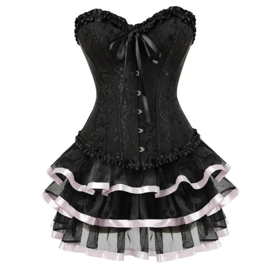 

7XL Sexy Women Lace Up Corset Bustiers Dress Plus Size Side Zip Floral Tops Brocade Overbust Corset and Skirt Set Tutu Corselet