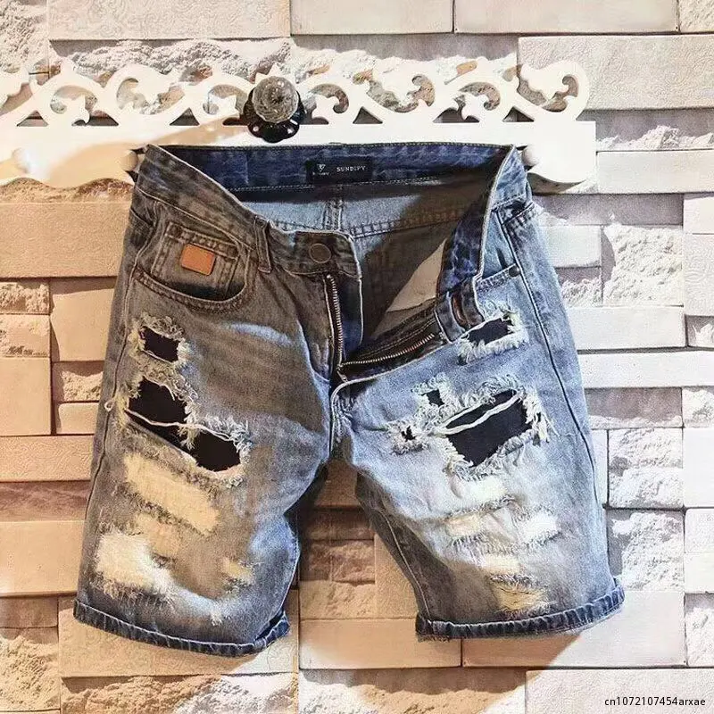 

Men's Denim Summer Fashion Casual Shorts Washed Denim Boy Skinny Runway Short Men Jeans Shorts Homme Destroyed Ripped Jeans