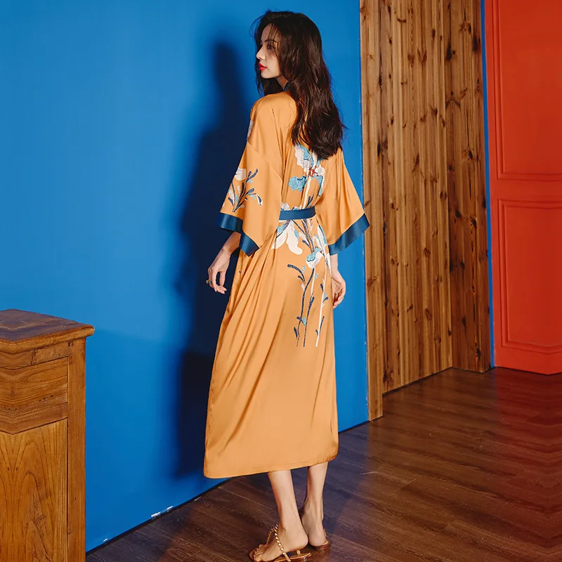 Атласное шелковое платье для сна ночная рубашка женская одежда кимоно халат с