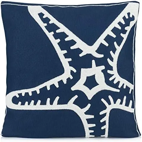 

Beach Throw Pillow| Decorative Sofa Pillow Cushion Cover 18x18Inch Decorative Beach Pillow Cover Blue with Embroidered Starfish