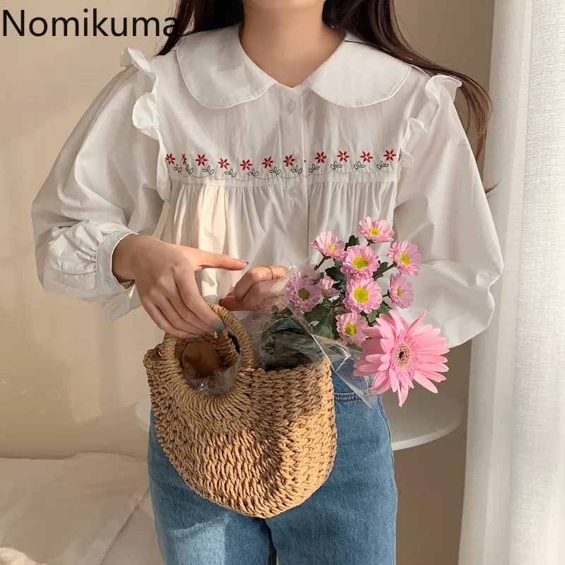 

Nomikuma Blusas Mujer Spring Ruffles Patchwork Lantern Sleeve Doll Collar Embroidery Haut Femme Korean Sweet Kawaii Ropa Mujer