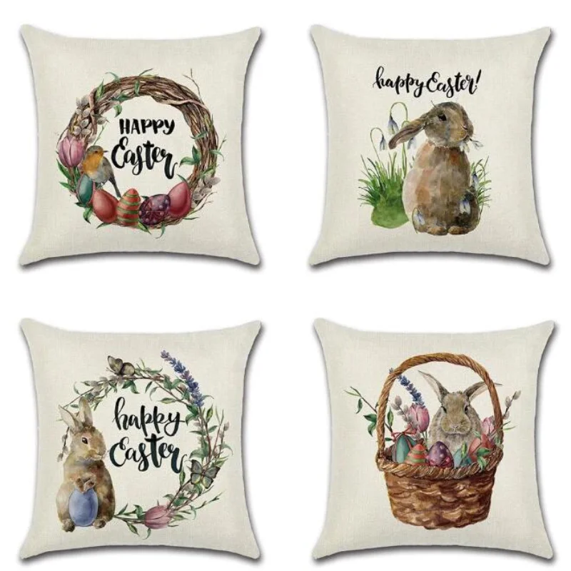 

2022 Rabbit Happy Easter Day Cushion Cover Cute Colorful Eggs Pillowcase Garden Chair Pillows Covers Bedroom Decoration Luxury