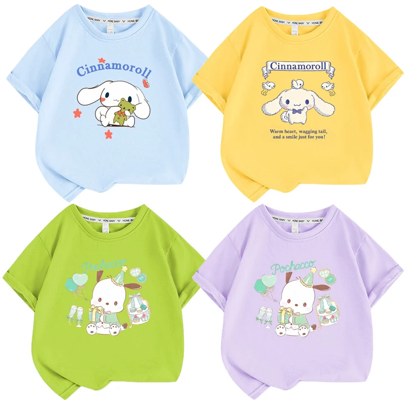 

Cartoon Anime Sanrios Pochacco Cinnamoroll Children T-shirt Half Sleeves Cute Sweet Girl Summer Clothing Top Kids Short Sleeve