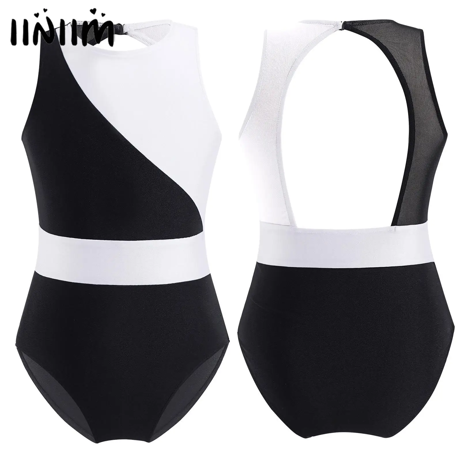 

Kids Girls Stylish Clothing Sleeveless Round Neckline Mesh Patchwork Hollow Back Contrast Color Ballet Dance Wear Leotards