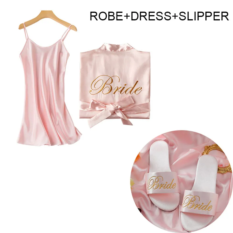 

3 Pieces Set Wedding Robes Dress Slipper for Bride and Bridesmaid Team Bridal Bathrobe Kimono Nightgown Hen Bachelor Party Gifts
