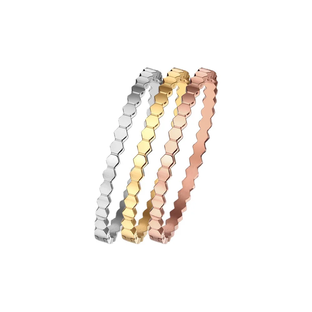 

Fashion Hexagonal Honeycomb Bracelets With Cubic Zirconia Wholesale Stainless Steel Bangles For Women Charm Jewelry Accessories
