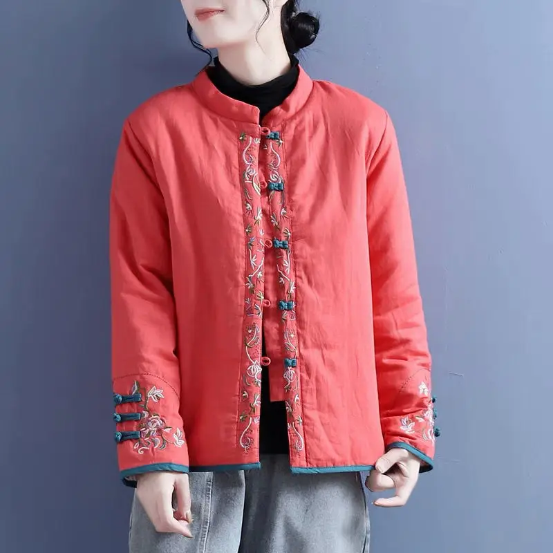 Winter Jacket Women Cotton Clothing Women's Retro Cotton and Linen Embroidered Disc Buckle Stand Collar Chinese Thermal Coat