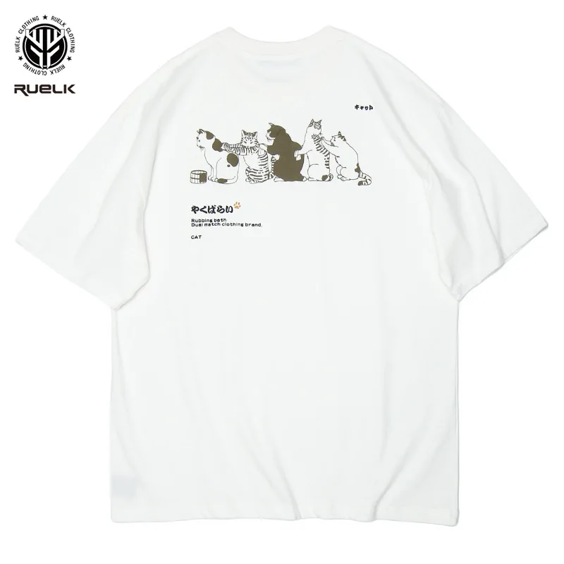 

Summer Japanese Elements Short-sleeved T-shirt Men Women Couple Tide Brand Retro Cartoon Cat Print Half-sleeve Fashion T-shirt