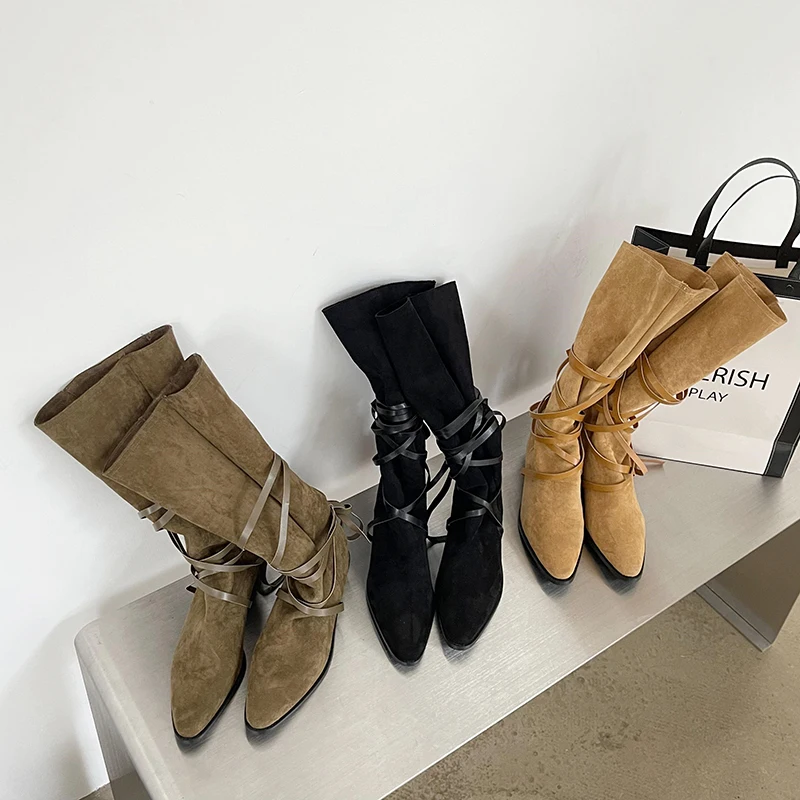 

Flock Western Boots For Women Cross Bandage Pointed Toe Knee High Boots Black Green Yellow Stretch Shoes Lace Up Flat Low Heels