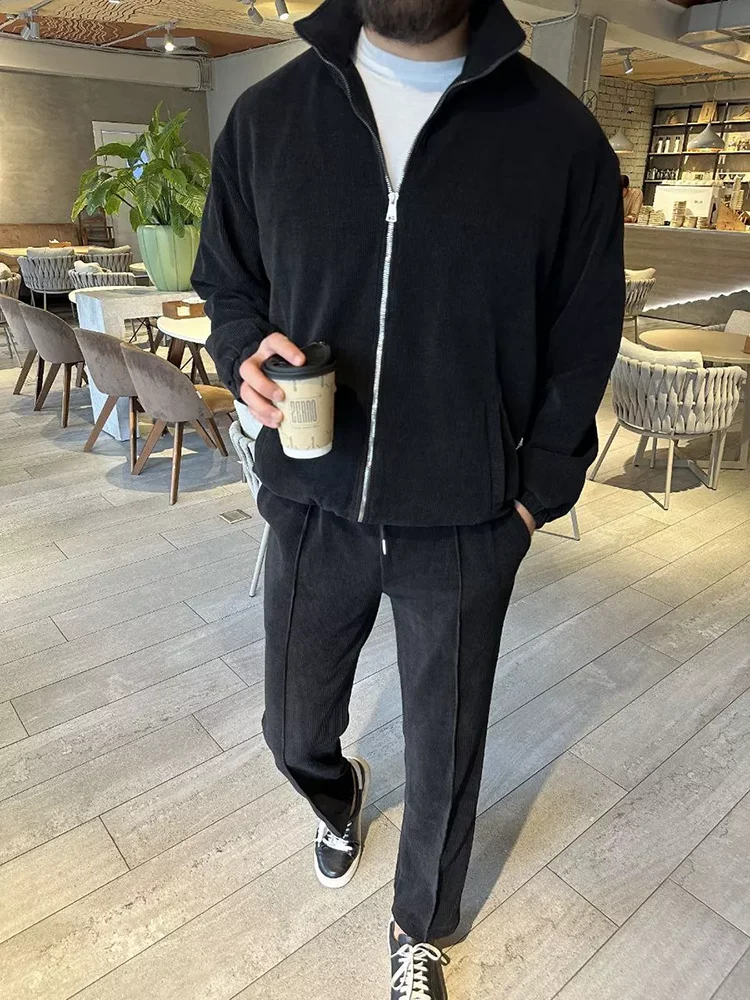 Streetwear Kurtka Dresy Mężczyźni Moda Slim Kurtki i spodnie z długim rękawem Dwuczęściowe zestawy dla mężczyzn Jesienne stroje codzienne