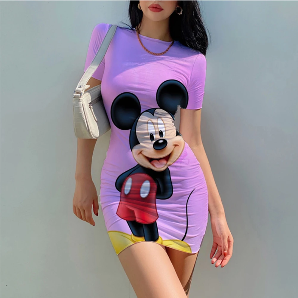 Disney Minnie Mickey Mouse Short sleev slim bodycon sexy dress 2022 summer women streetwear party festival dresses outfits images - 6