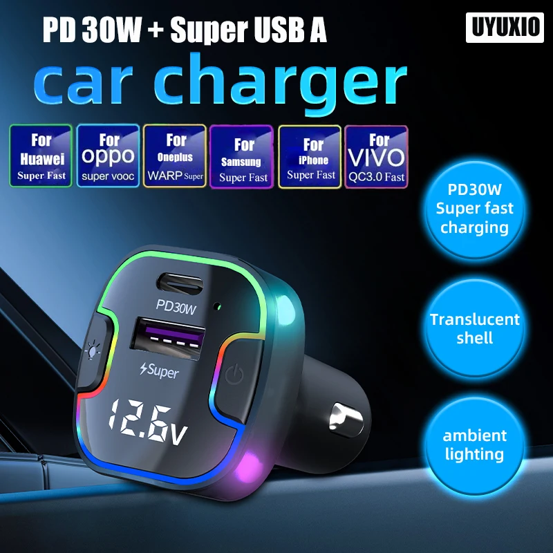 

PD 30W USB Car Charger Type C Super Fast Charging Vehicle Adapter for iPhone 15 14 13 12 Samsung Galaxy Huawei OPPO Vivo Oneplus