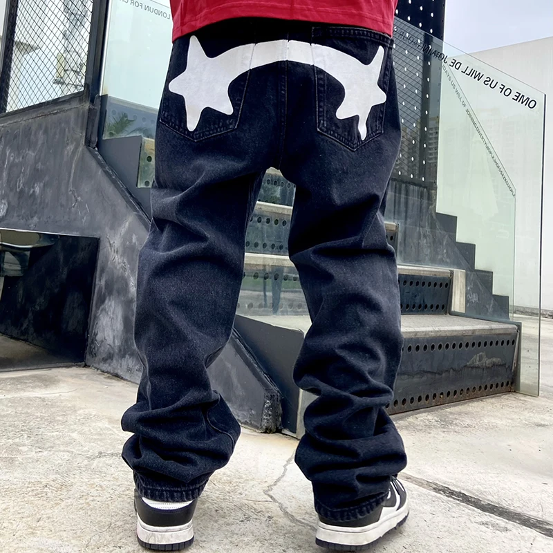 Hip Hop Stars Print Patchwork Streetwear Loose Jeans Mens Womens Straight Pockets Retro Casual Baggy Denim Trousers Pantalones