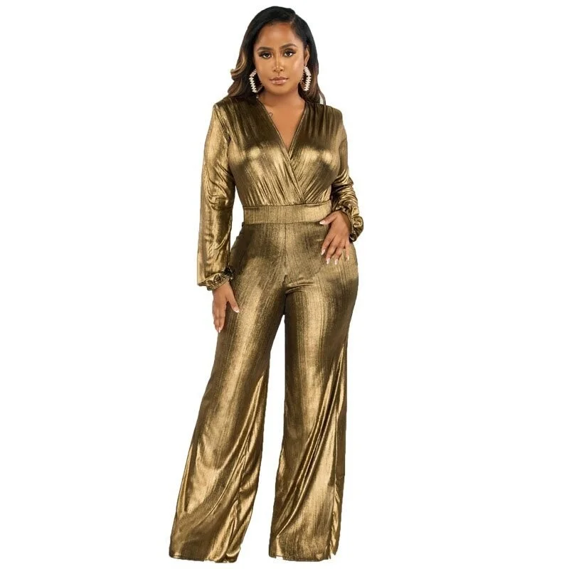 Fashionable new sexy V-neck high elastic hot gold and silver long sleeve temperament commuter women's elegant jumpsuit