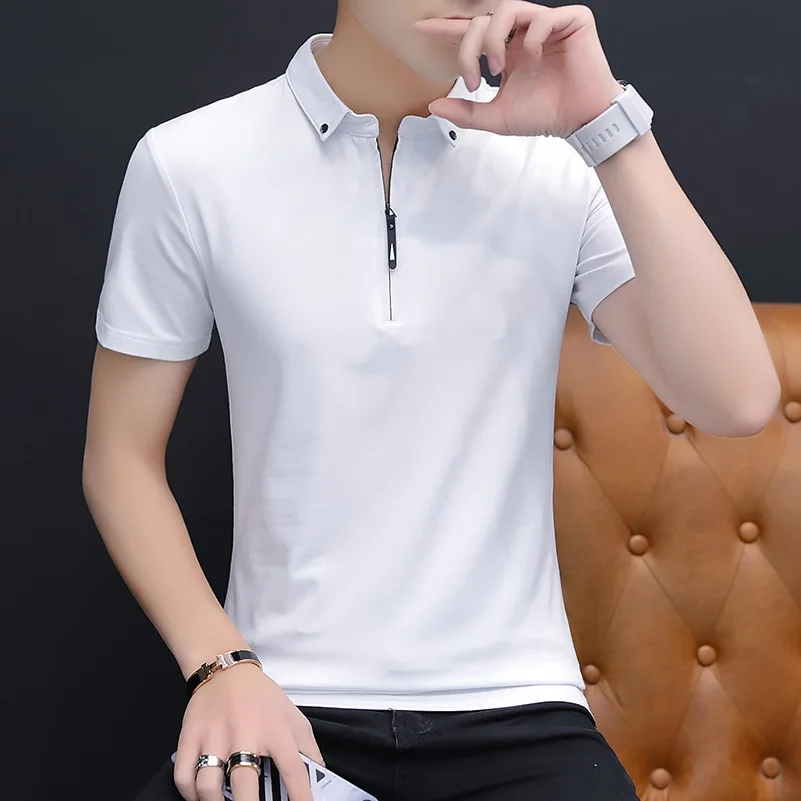 

Summer short-sleeved T-shirt Men's polo shirt Fashion zipper lapel Solid color trend casual ice feeling cotton T-shirt