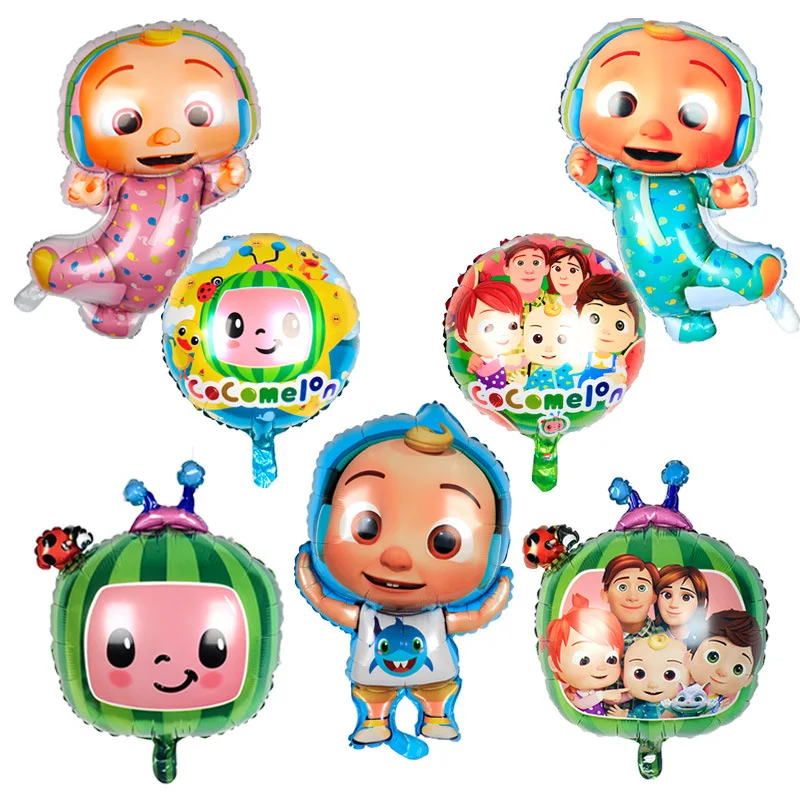 

Двусторонняя голова арбуза Cocomelon, шарик из алюминиевой пленки, украшение для дня рождения, мультяшный тематический воздушный шар, игрушка