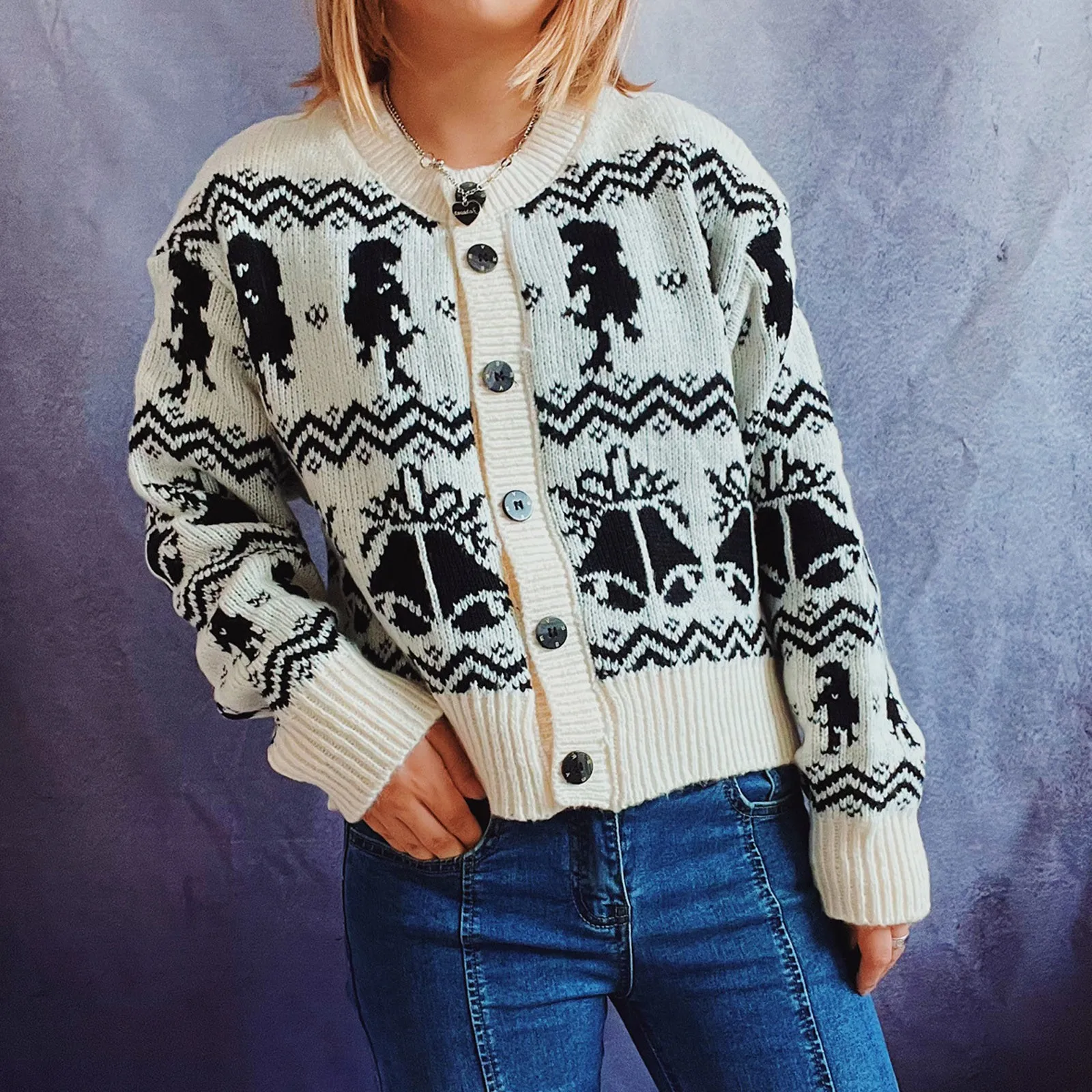 

Жаккардовый свитер в богемном этническом стиле, облегающий вязаный кардиган с V-образным вырезом и длинным рукавом, винтажная верхняя одежд...