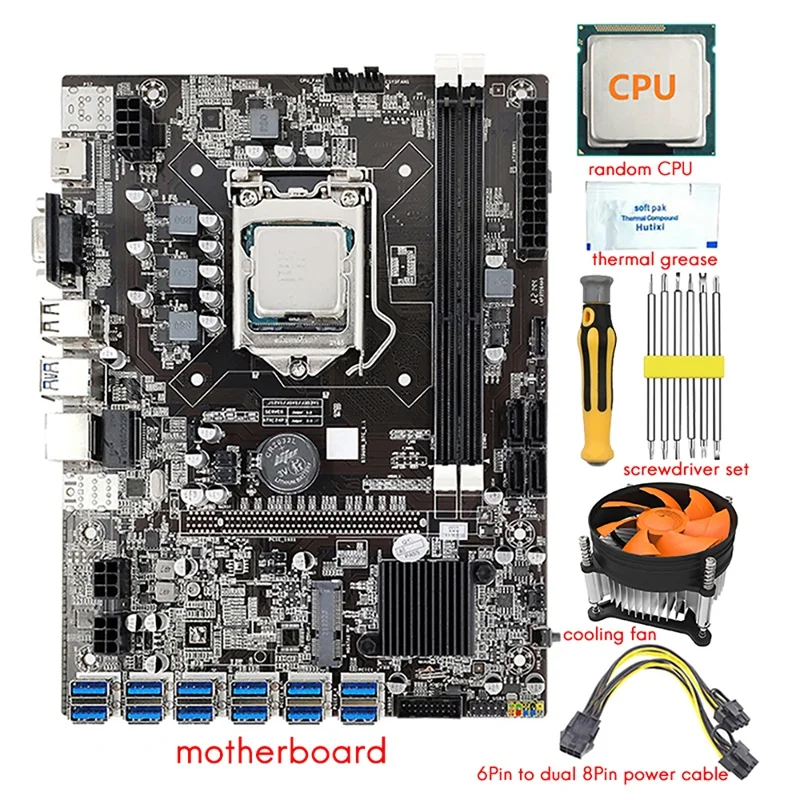 

B75 12 GPU BTC Mining Motherboard+CPU+Fan+Thermal Paste+Power Cable+Screwdriver 12X USB3.0 Slot LGA1155 DDR3 RAM SATA3.0