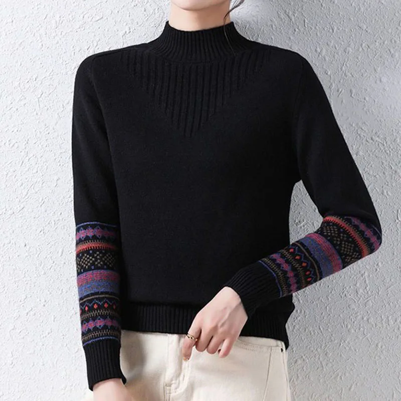 

Women's Vintage Striped Printed Half High Collar Outwear Knitted Sweaters Autumn Winter Casual Long Sleeve Pullovers Top Female