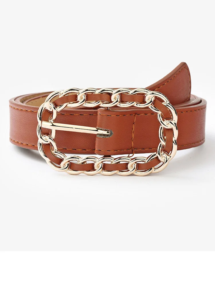 Ремень из ПУ кожи Женский черный декоративный пояс с пряжкой-цепочкой сплава в