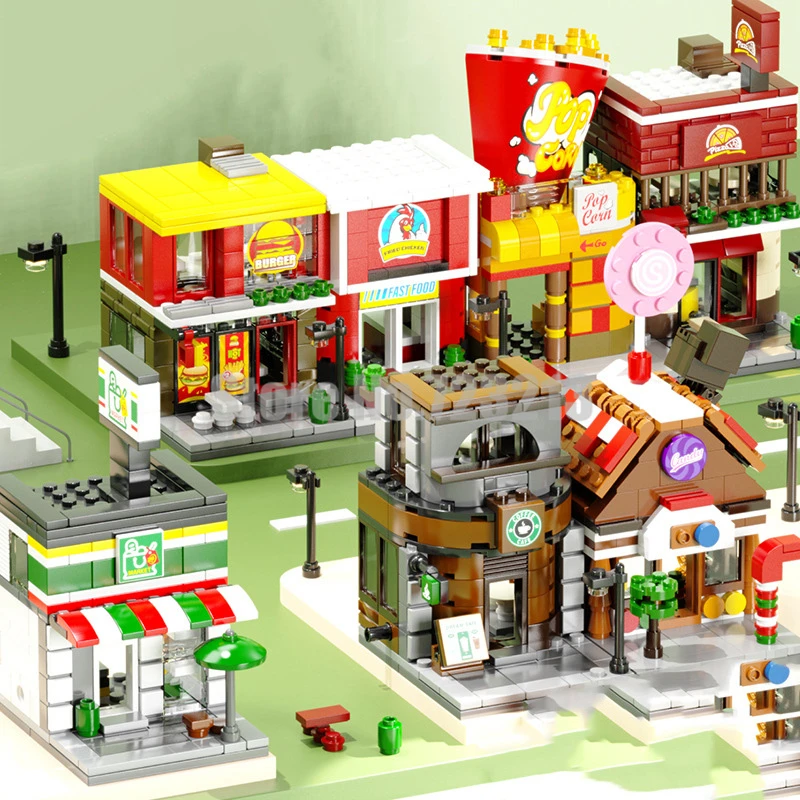 Набор строительных блоков для розничного магазина города улицы гамбургера пиццы