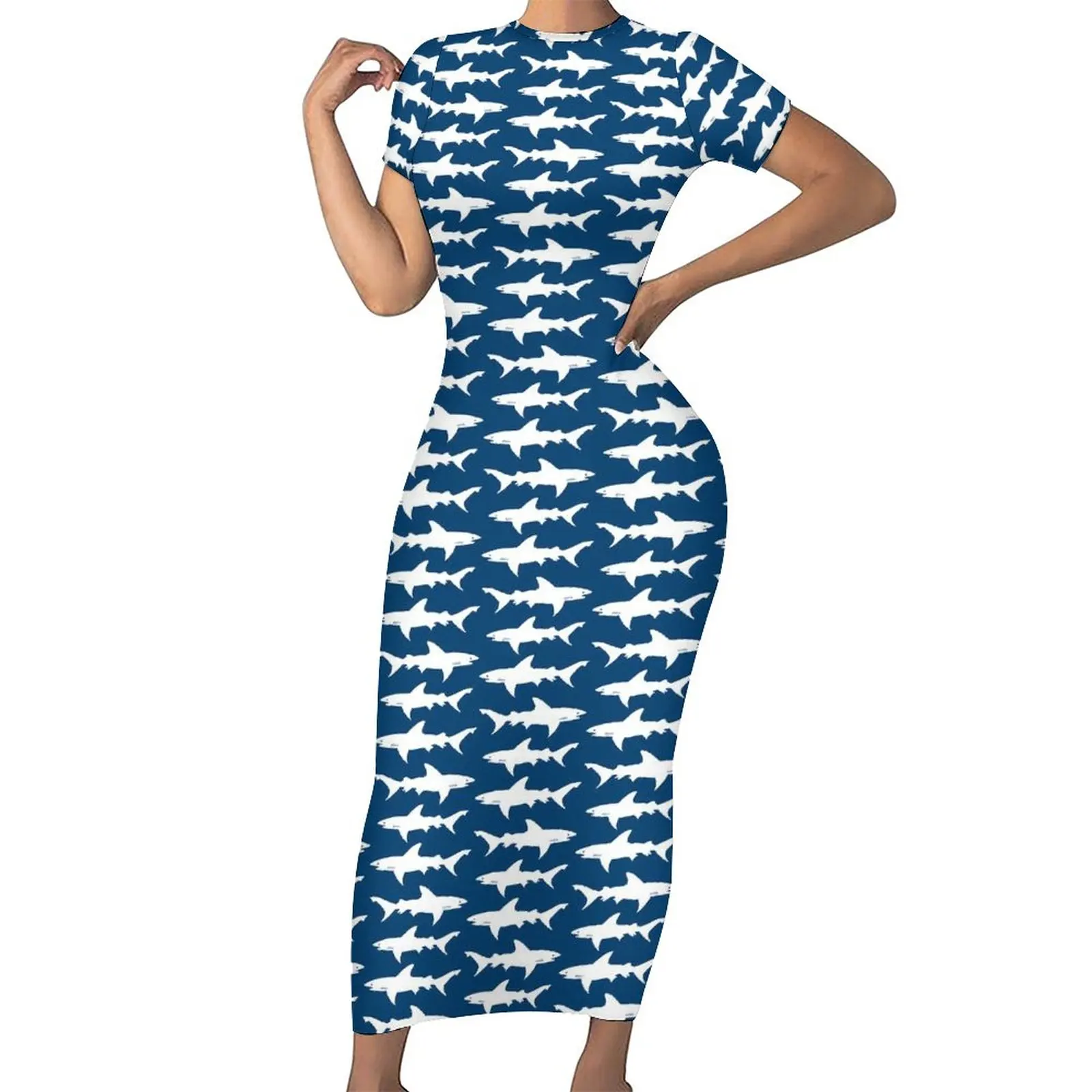 

School of Shark Dress Woman Blue and White Ocean Street Style Bodycon Dress Summer Cute Maxi Dresses Custom Oversize Clothing