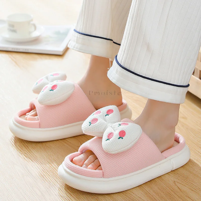 All Season Linen Home Slippers for Women Bedroom Slippers Comfort Cute Butterfly-Knot Non-slip Female House Slippers Unisex